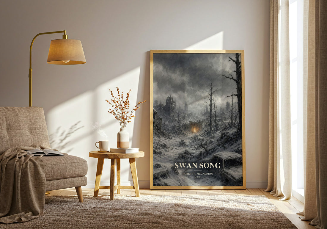 Swan Song watercolour print in frame leaning in hallway – horror wall art