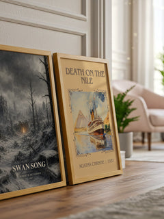 Swan Song watercolour print framed by window – literary home decor