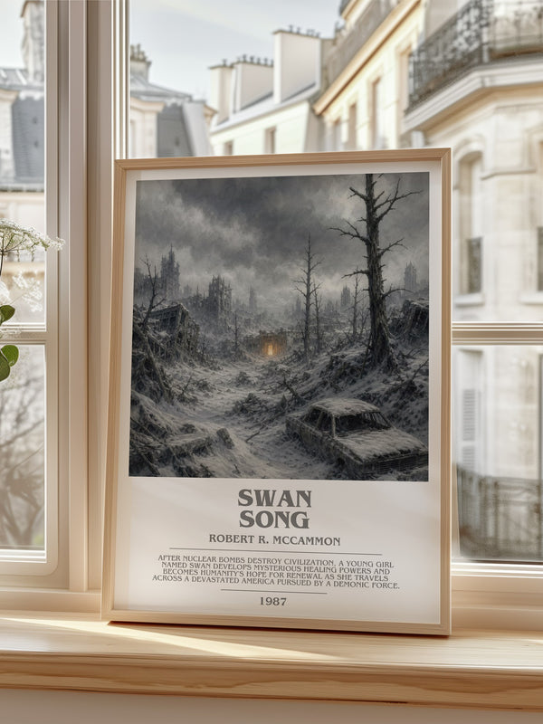Swan Song Bookish Wall Art by Robert R. McCammon – framed print by a bright window