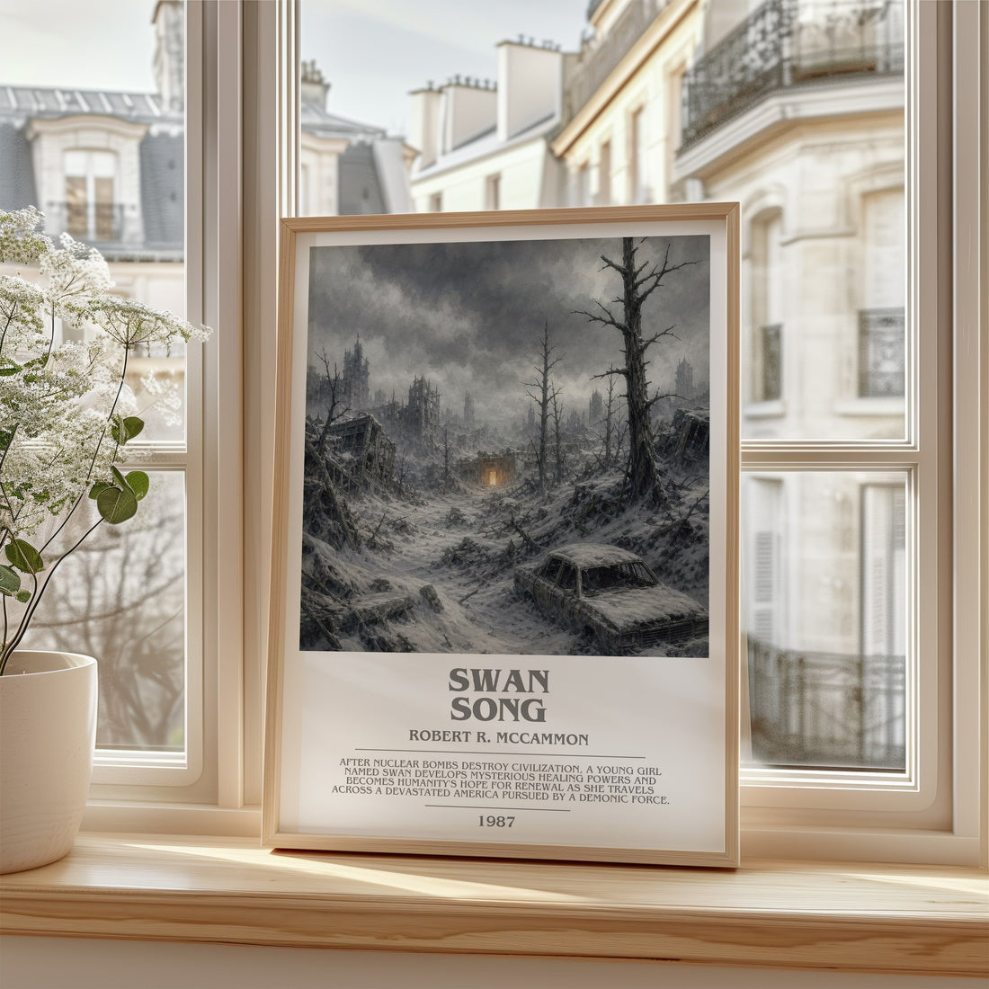 Swan Song Bookish Wall Art by Robert R. McCammon – framed print by a bright window