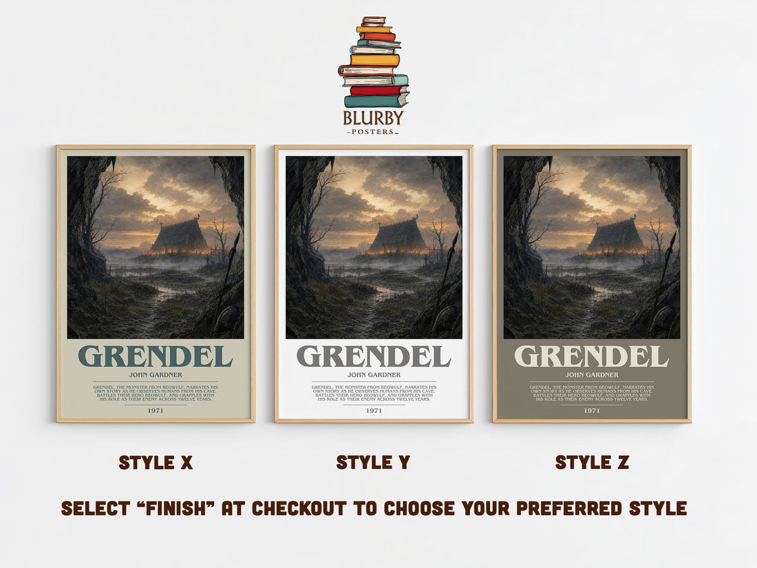 Grendel Bookish Wall Art by John Gardner – Style X, Y and Z side by side – choose your finish