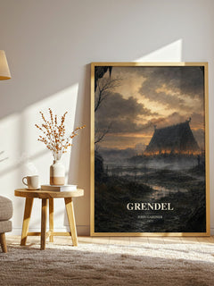 Grendel watercolour print in frame leaning in hallway – literary fiction wall art