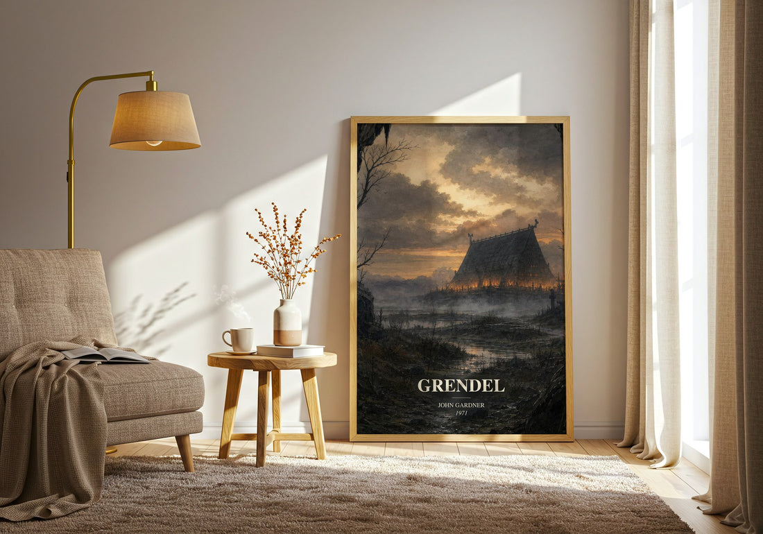 Grendel watercolour print in frame leaning in hallway – literary fiction wall art