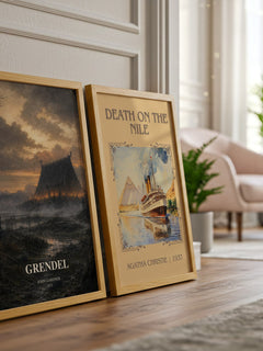 Grendel watercolour print framed by window – literary home decor