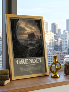 Grendel Bookish Wall Art by John Gardner – framed print on a city-view windowsill