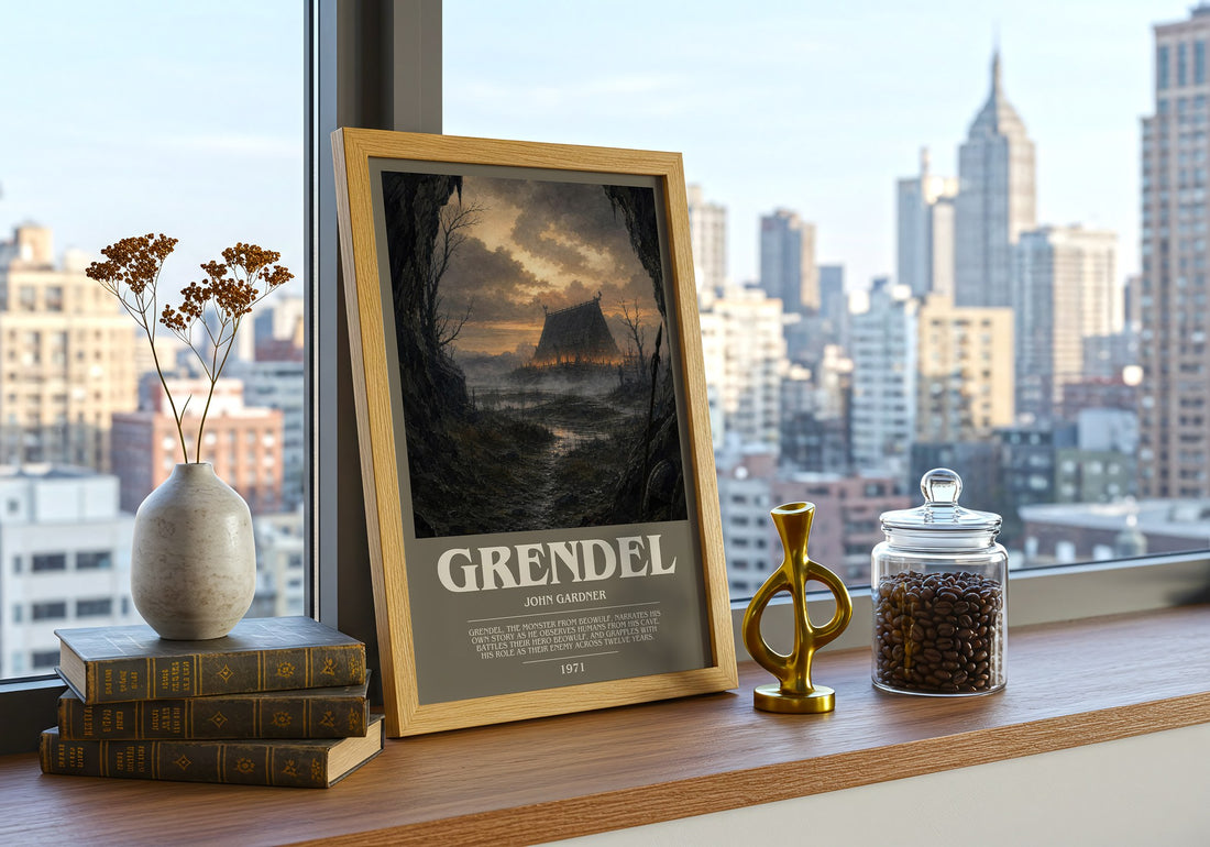 Grendel Bookish Wall Art by John Gardner – framed print on a city-view windowsill