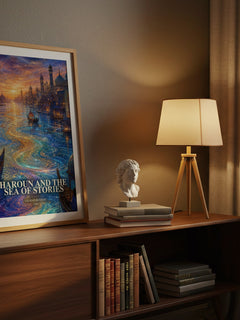 Haroun and the Sea of Stories watercolour print on bookshelf – Salman Rushdie fan gift