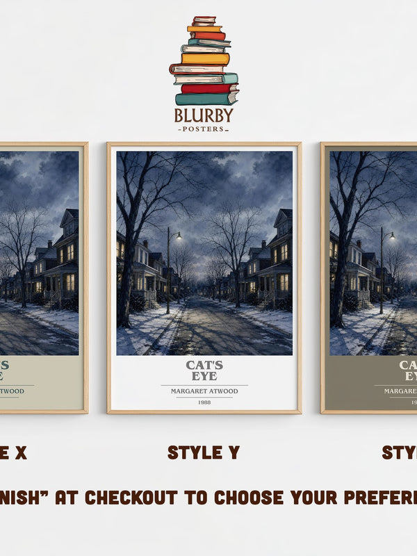 Cat's Eye book cover print in frame leaning in hallway – literary fiction wall art