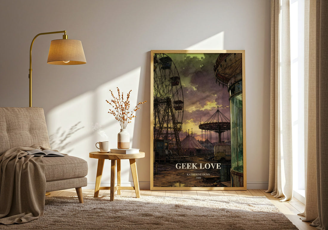 Geek Love watercolour print in frame leaning in hallway – literary fiction wall art