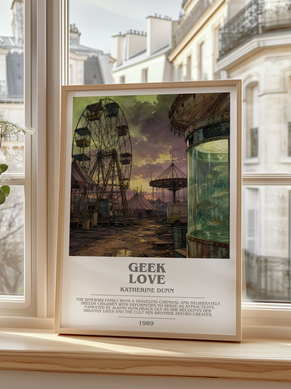 Geek Love Bookish Wall Art by Katherine Dunn – framed print by a bright window