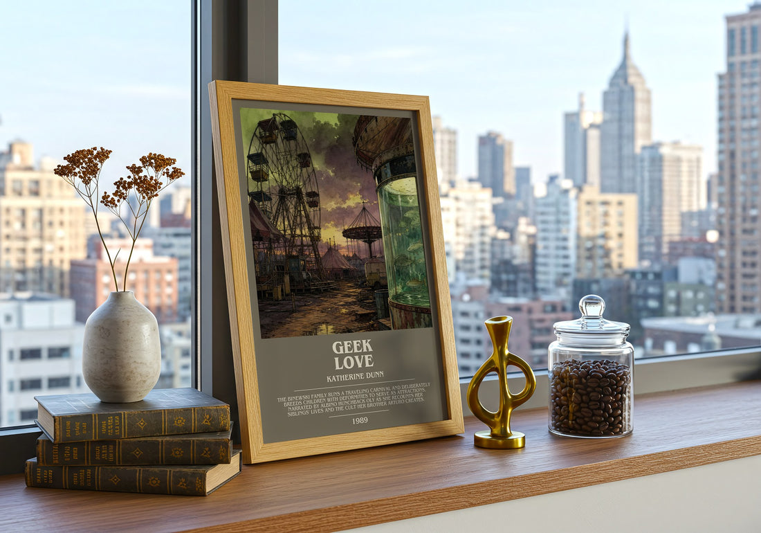 Geek Love Bookish Wall Art by Katherine Dunn – framed print on a city-view windowsill