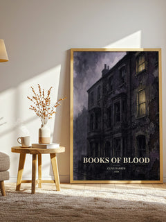 Books of Blood watercolour print in frame leaning in hallway – horror wall art