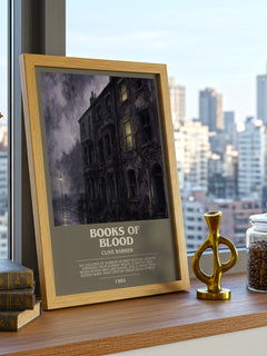Books of Blood Bookish Wall Art by Clive Barker – framed print on a city-view windowsill