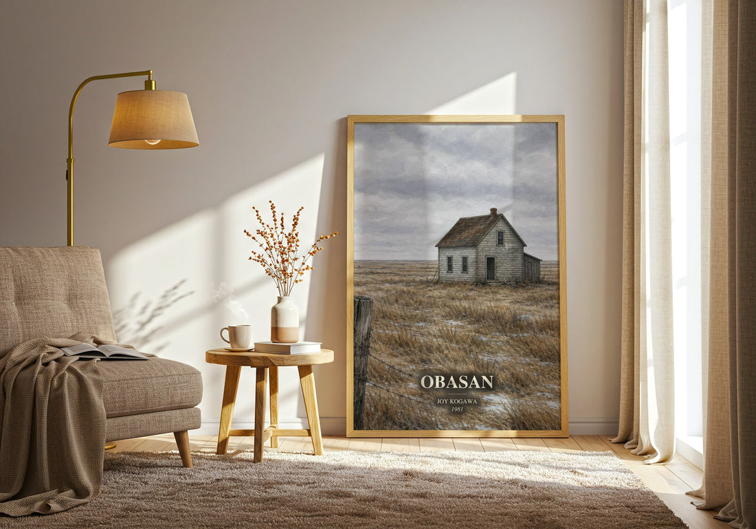 Obasan watercolour print in frame leaning in hallway – historical fiction wall art