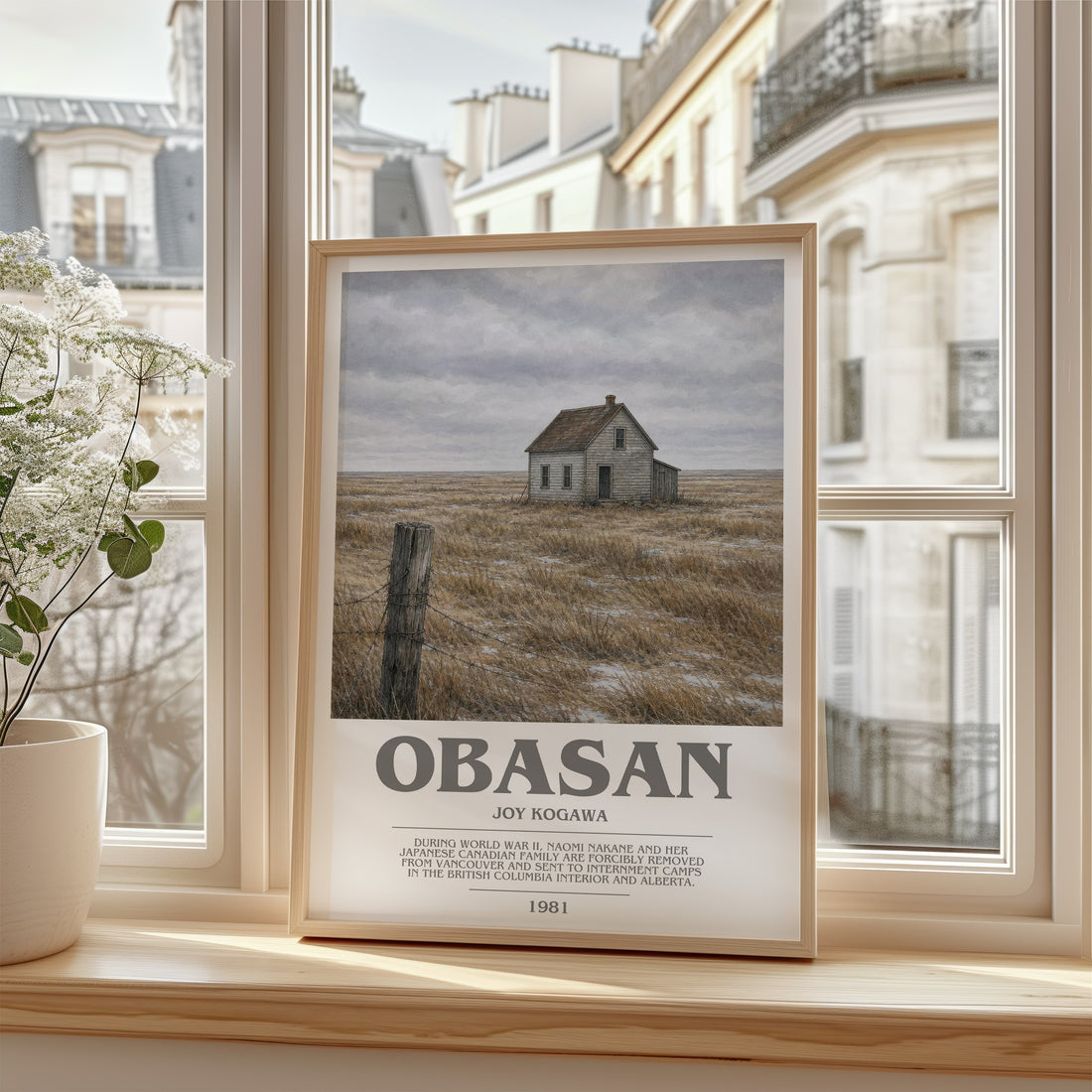 Obasan Bookish Wall Art by Joy Kogawa – framed print by a bright window