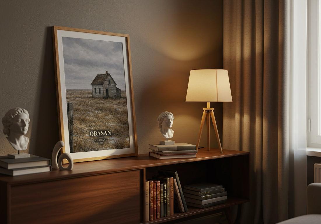 Obasan watercolour print on bookshelf – Joy Kogawa fan gift