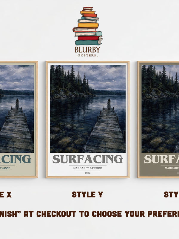 Surfacing book cover print in frame leaning in hallway – literary fiction wall art