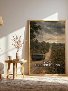 Sing, Unburied, Sing watercolour print in frame leaning in hallway – literary fiction wall art