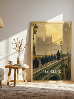 Madeline watercolour print in frame leaning in hallway – childrens wall art