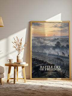 Battle Cry of Freedom watercolour print in frame leaning in hallway – non fiction wall art