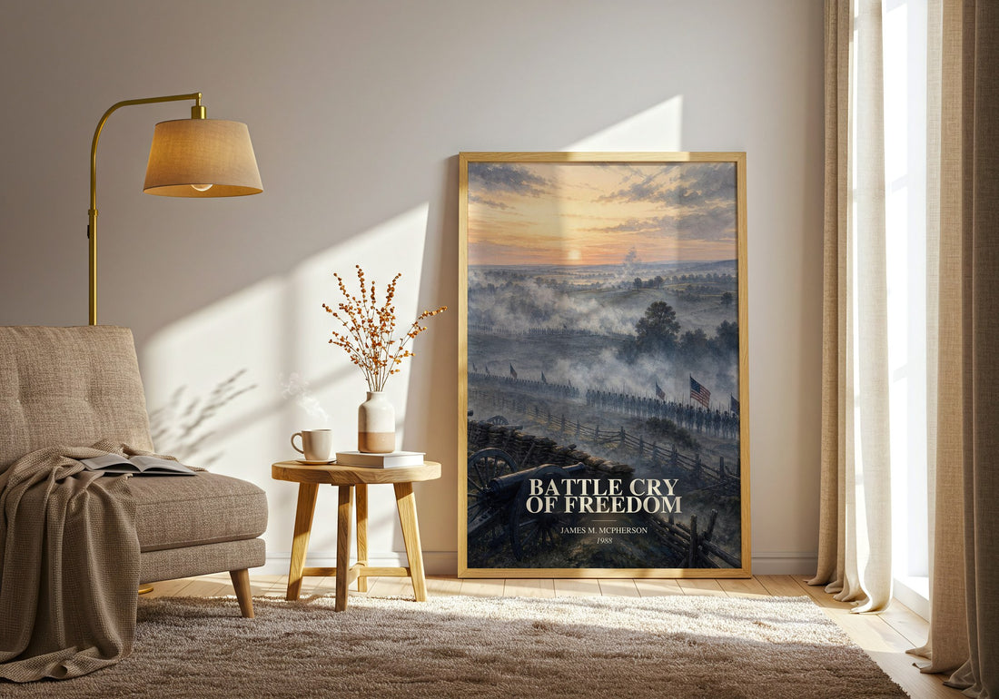 Battle Cry of Freedom watercolour print in frame leaning in hallway – non fiction wall art