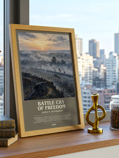 Battle Cry of Freedom Bookish Wall Art by James M. McPherson – framed print on a city-view windowsill