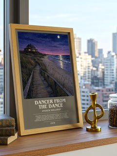 Dancer From The Dance Bookish Wall Art by Andrew Holleran – framed print on a city-view windowsill