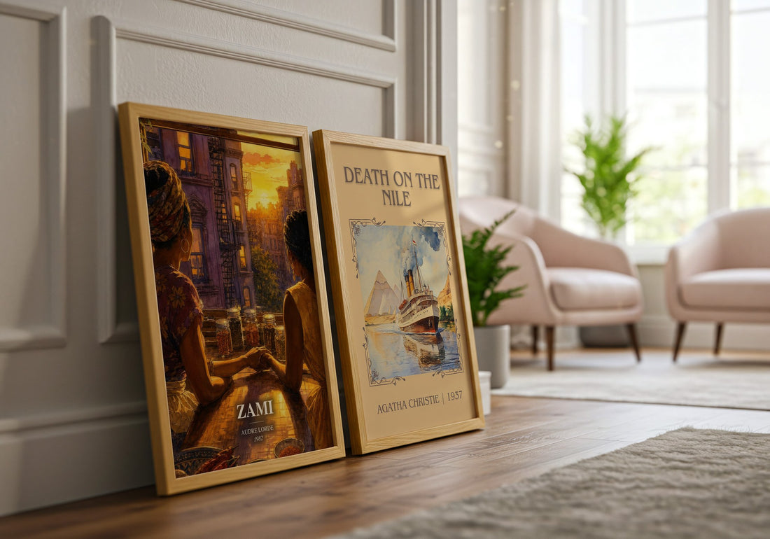 Zami watercolour print framed by window – literary home decor