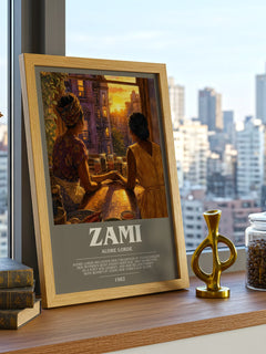 Zami Bookish Wall Art by Audre Lorde – framed print on a city-view windowsill