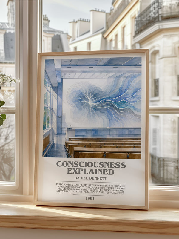 Consciousness Explained Bookish Wall Art by Daniel Dennett – framed print by a bright window