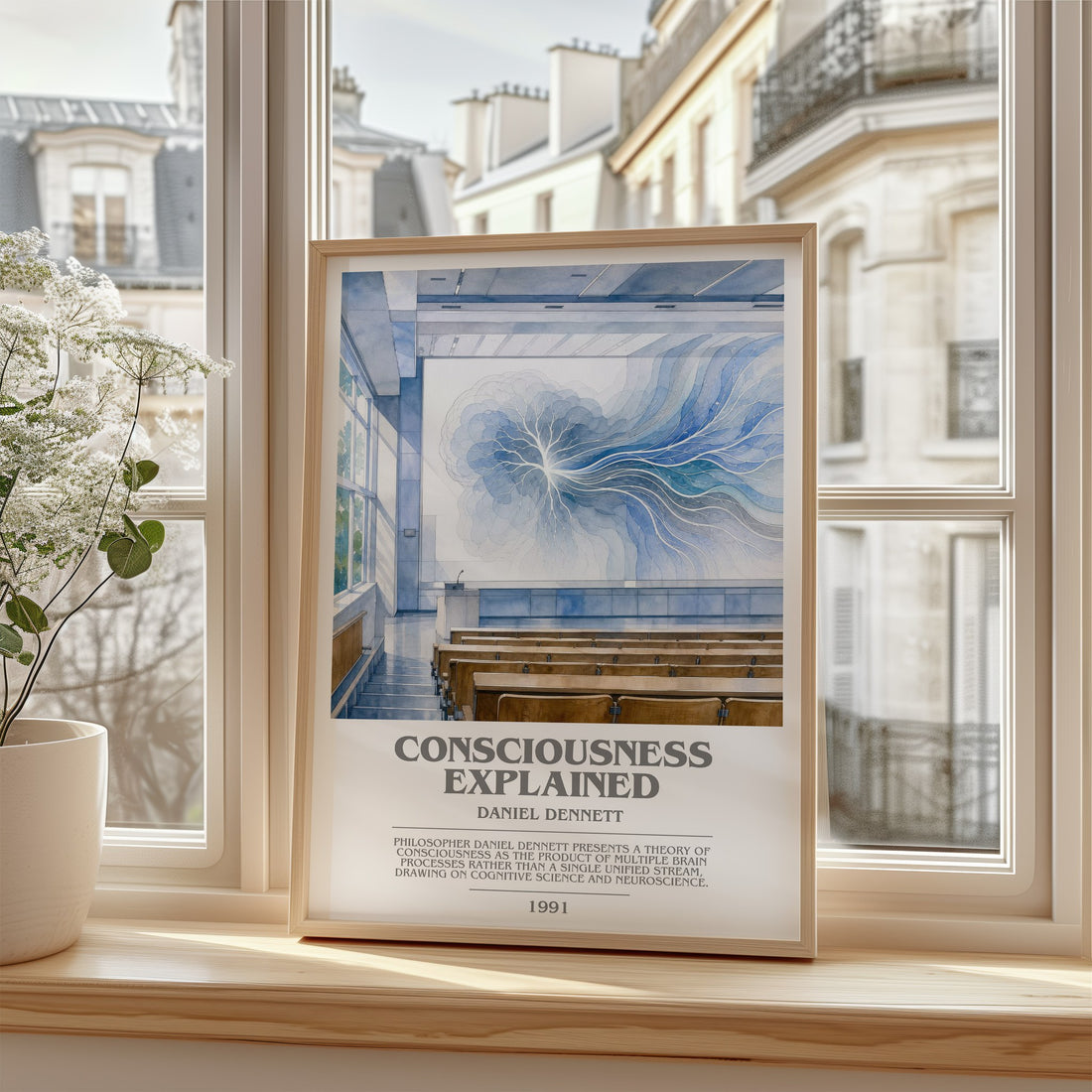 Consciousness Explained Bookish Wall Art by Daniel Dennett – framed print by a bright window