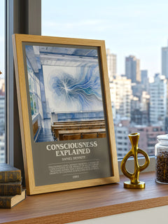 Consciousness Explained Bookish Wall Art by Daniel Dennett – framed print on a city-view windowsill