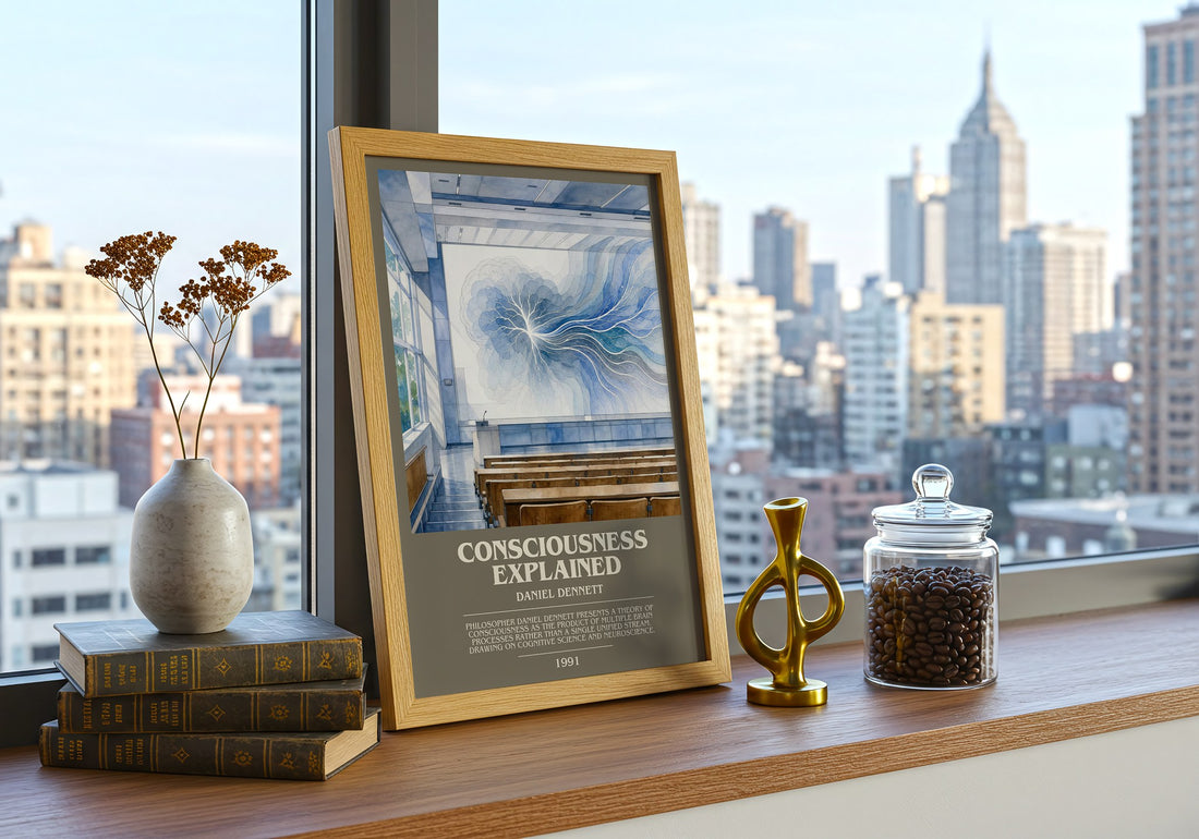 Consciousness Explained Bookish Wall Art by Daniel Dennett – framed print on a city-view windowsill