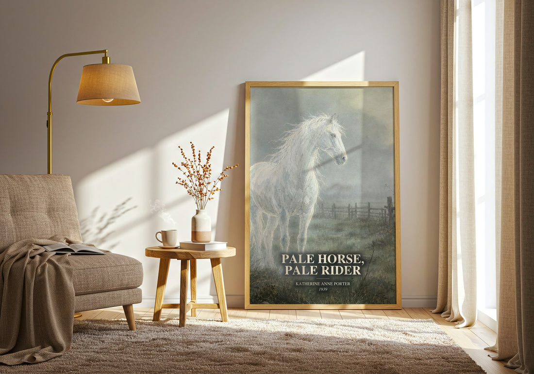 Pale Horse, Pale Rider watercolour print in frame leaning in hallway – literary fiction wall art