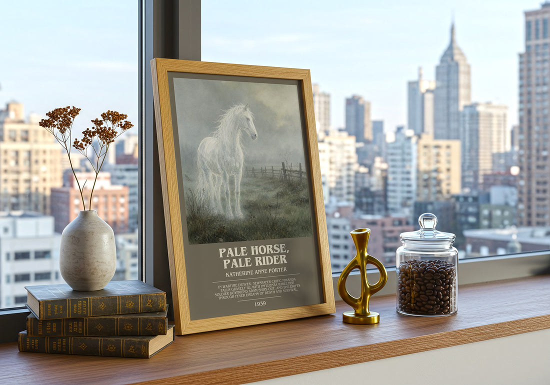 Pale Horse, Pale Rider Bookish Wall Art by Katherine Anne Porter – framed print on a city-view windowsill