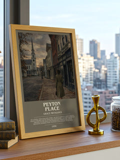 Peyton Place Bookish Wall Art by Grace Metalious – framed print on a city-view windowsill