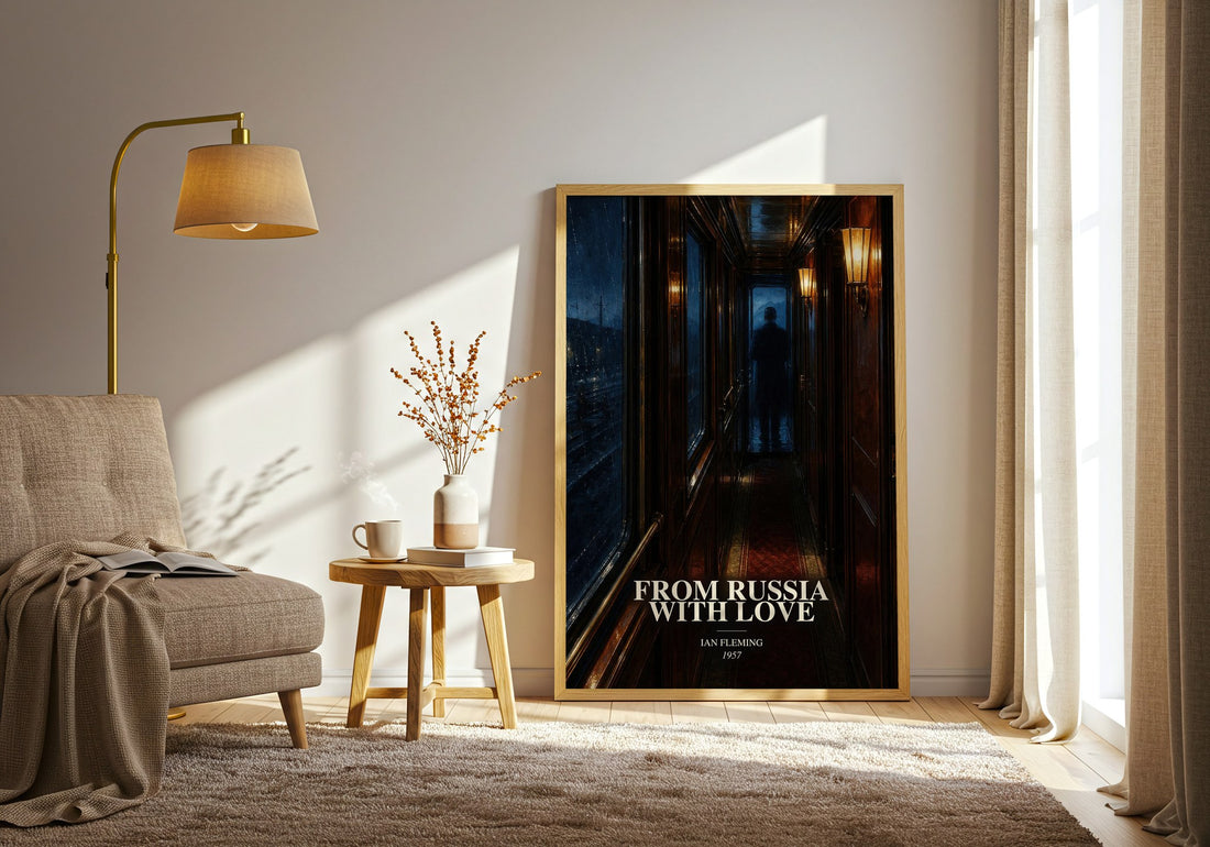 From Russia with Love watercolour print in frame leaning in hallway – thriller wall art