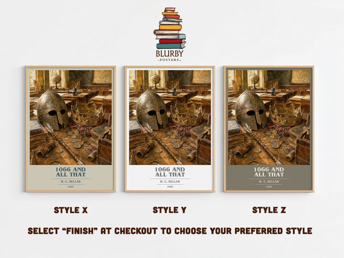 1066 And All That book cover print in frame leaning in hallway – satire wall art (mockup)