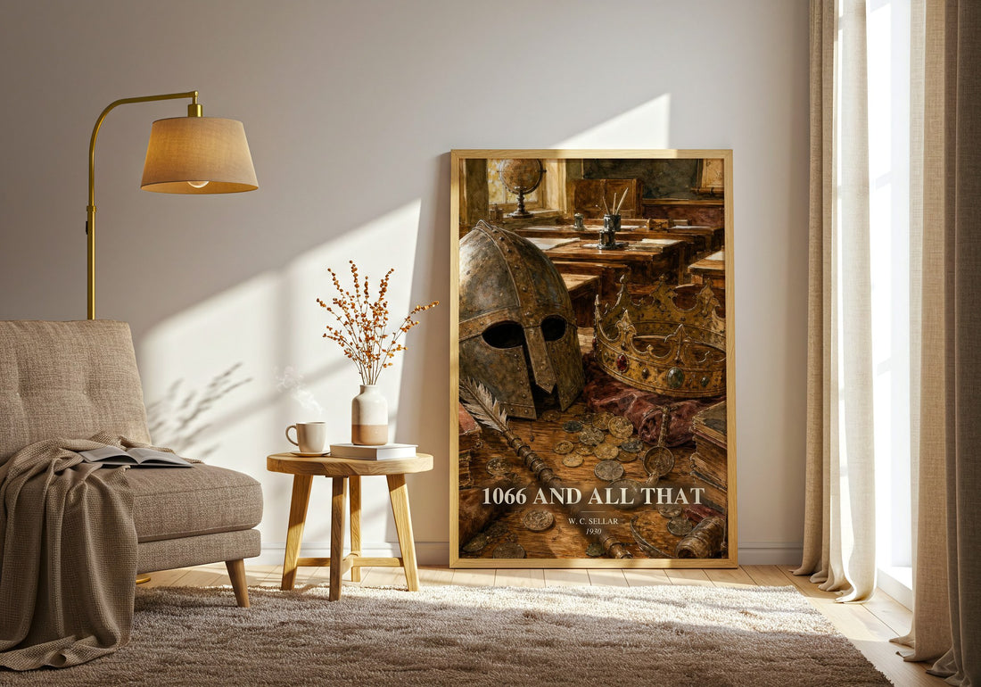 1066 And All That watercolour print in frame leaning in hallway – satire wall art