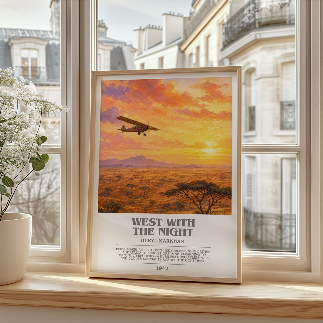 West With the Night Bookish Wall Art by Beryl Markham – framed print by a bright window