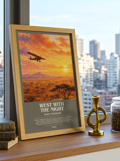 West With the Night Bookish Wall Art by Beryl Markham – framed print on a city-view windowsill