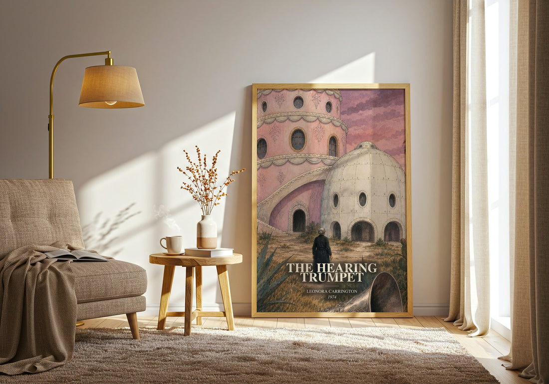 The Hearing Trumpet watercolour print in frame leaning in hallway – literary fiction wall art