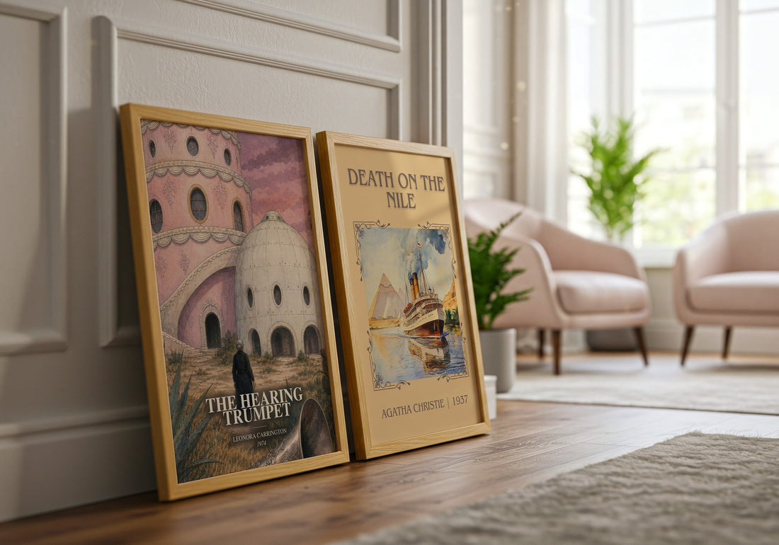 The Hearing Trumpet watercolour print framed by window – literary home decor