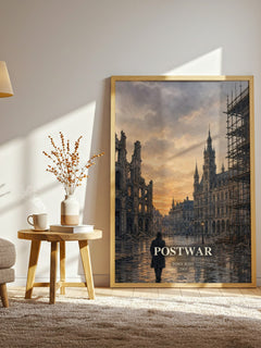 Postwar watercolour print in frame leaning in hallway – non fiction wall art