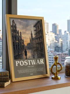 Postwar Bookish Wall Art by Tony Judt – framed print on a city-view windowsill