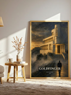 Goldfinger watercolour print in frame leaning in hallway – thriller wall art