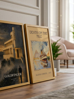 Goldfinger watercolour print framed by window – literary home decor