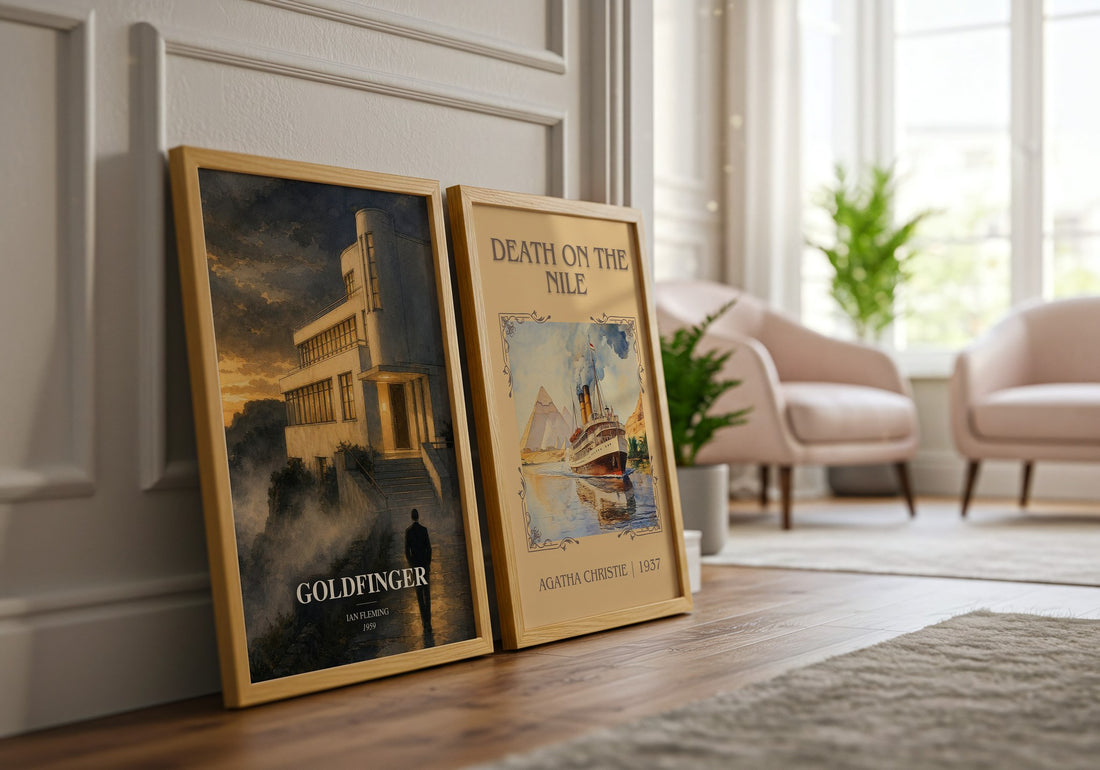 Goldfinger watercolour print framed by window – literary home decor