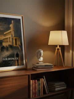 Goldfinger watercolour print on bookshelf – Ian Fleming fan gift