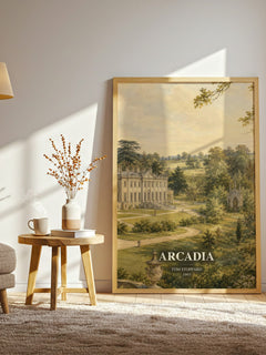 Arcadia watercolour print in frame leaning in hallway – literary fiction wall art